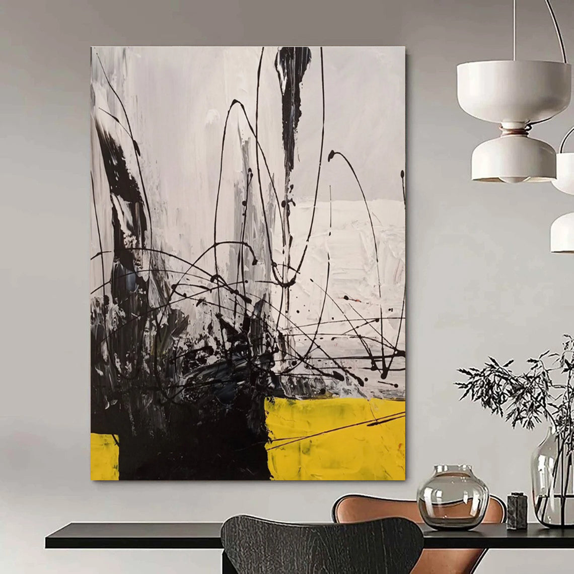 Dynamic Black and White with Yellow Abstract Painting for Creative Studio Meeting Rooms HENG053