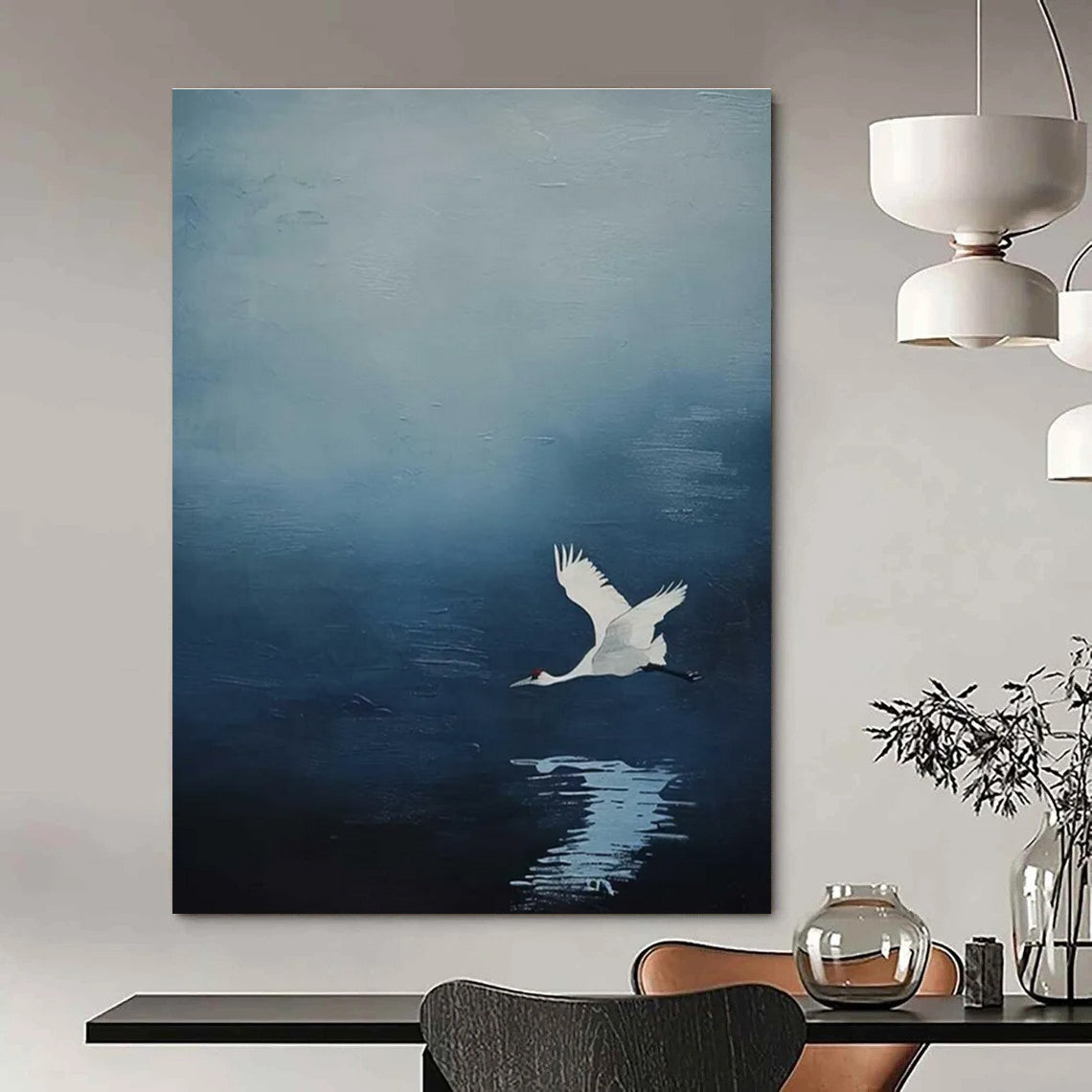 White Crane in Blue Sky Abstract Painting for Zen - Inspired Bedrooms HENG510