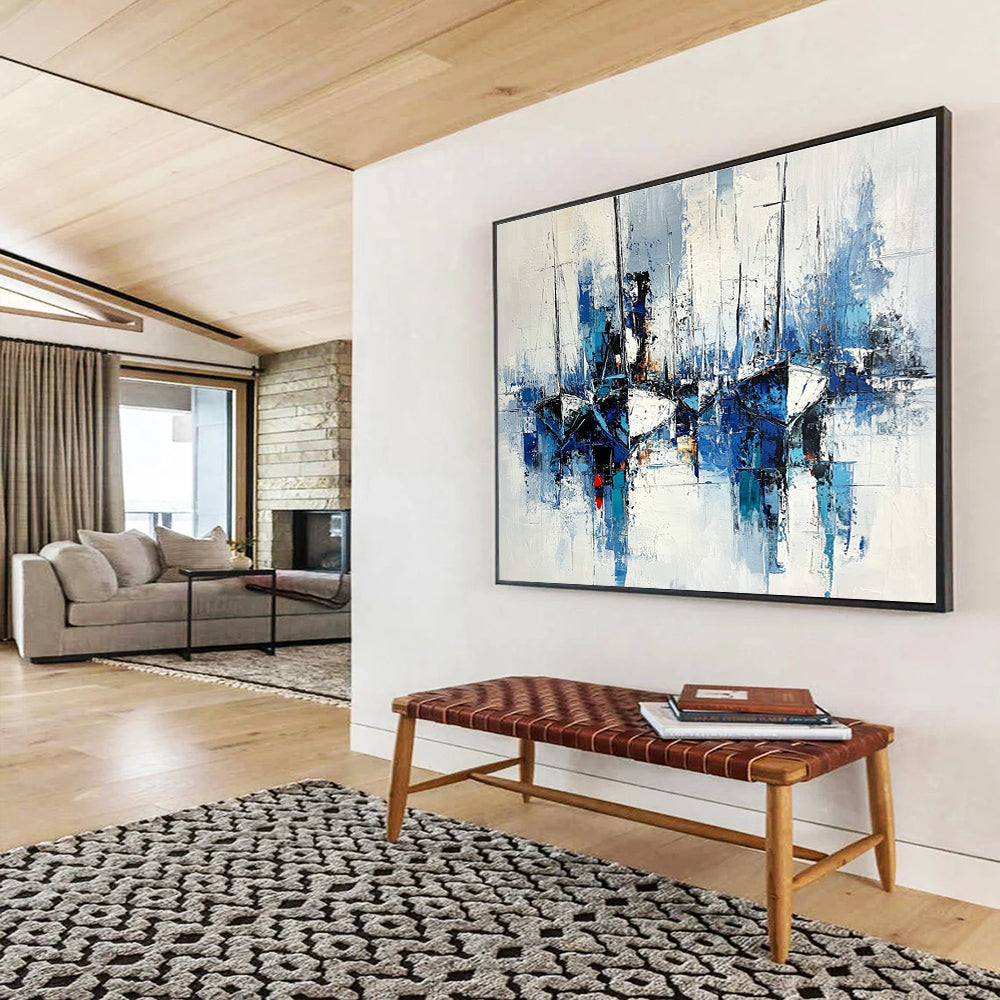 Blue - Toned Harbor Boats Scene Abstract Painting ABS191