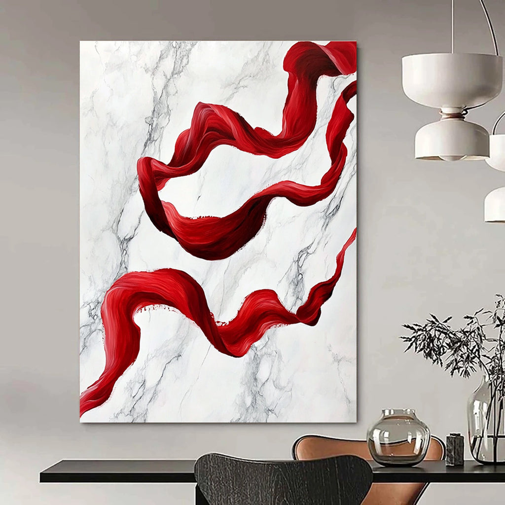 Red Ribbon on Marble Abstract Painting for Luxurious Spaces GAB1459