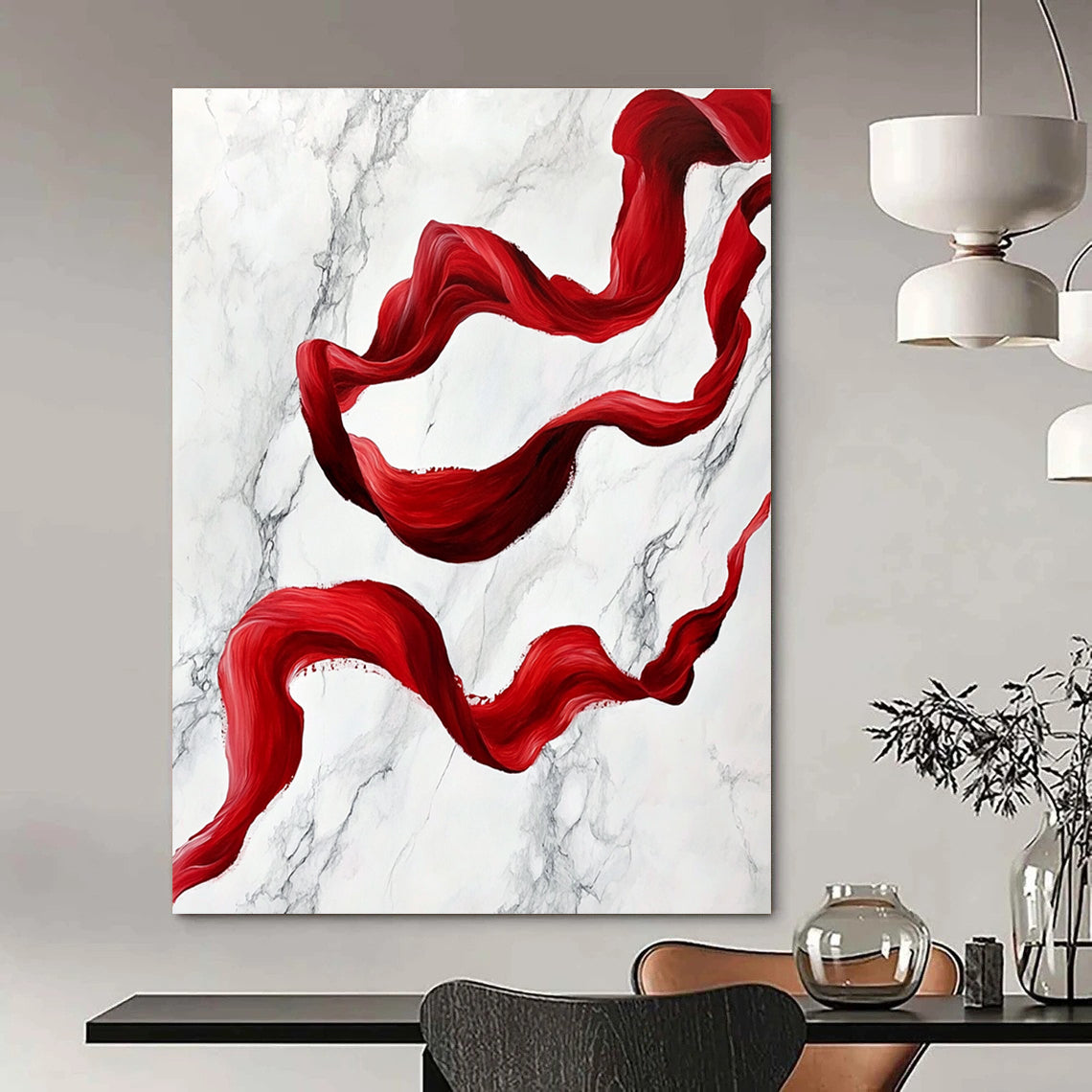 Red Ribbon on Marble Abstract Painting for Luxurious Spaces GAB1459