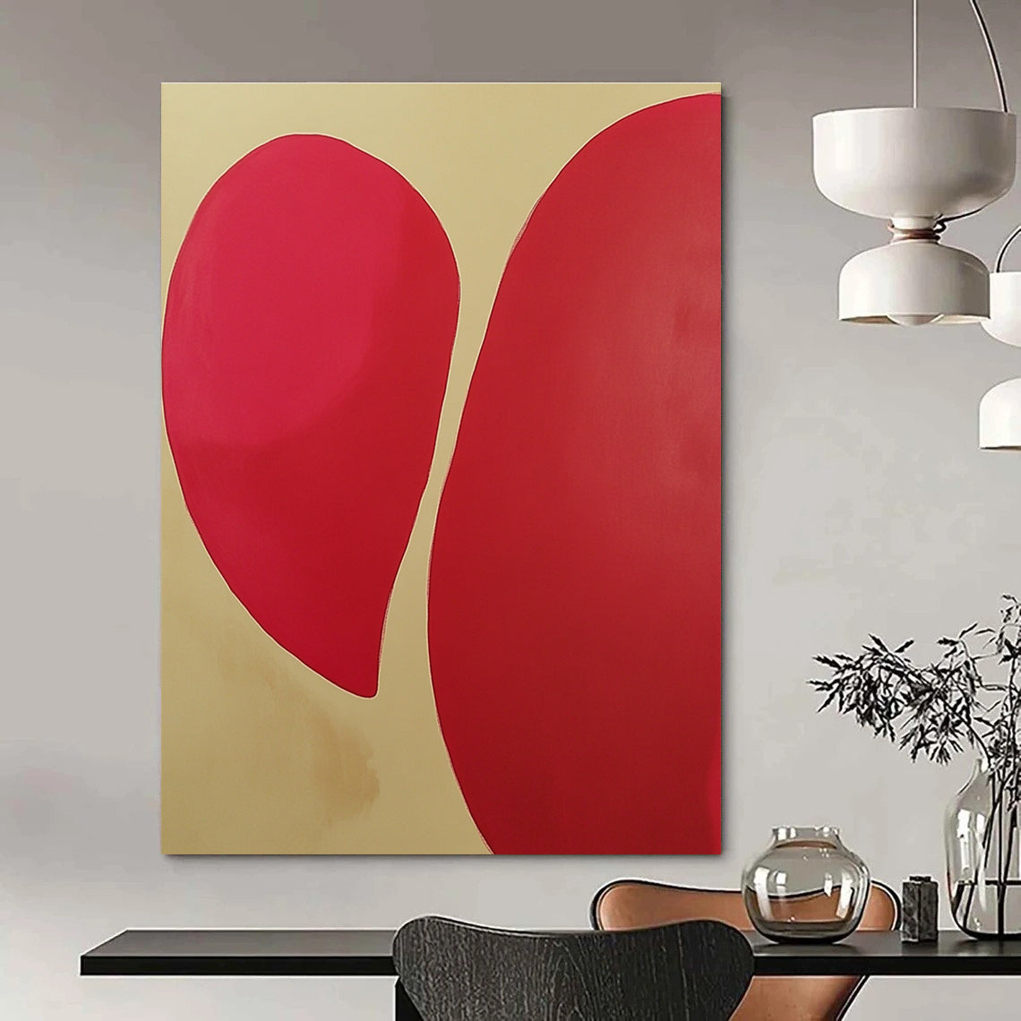 Geometric Red Shapes Abstract Painting on Beige GAB0674