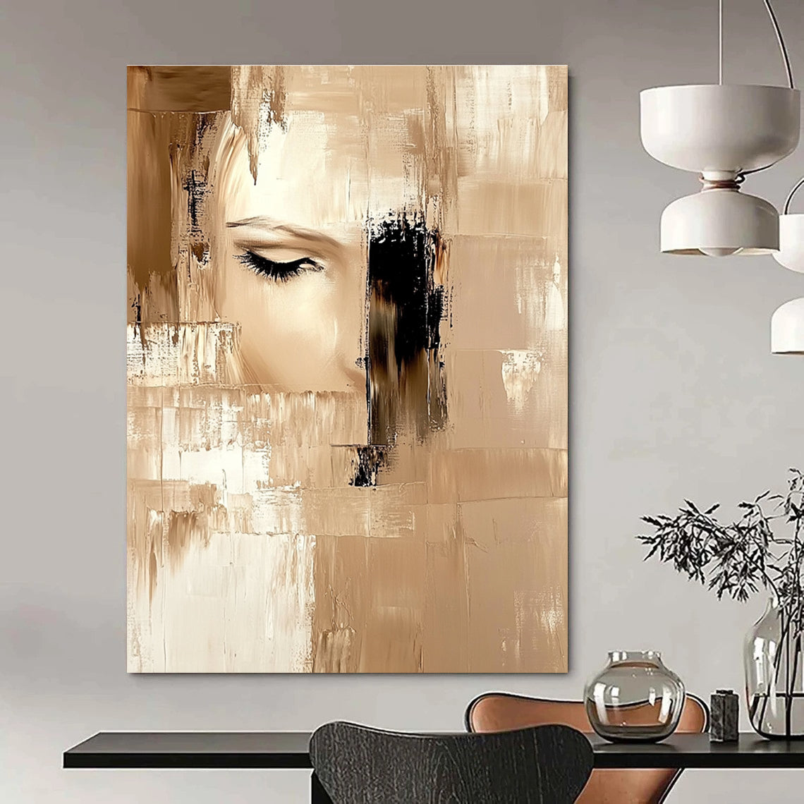 Fragmented Face in Neutrals - Introspective Abstract Figurative Art GAB0447