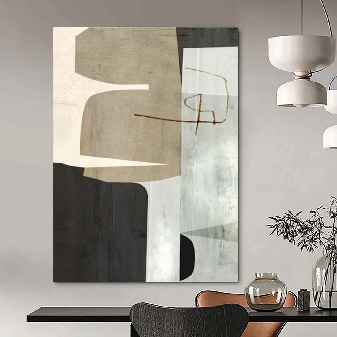 Neutral Geometric Collage Abstract Painting for Sophisticated Office Receptions HENG158