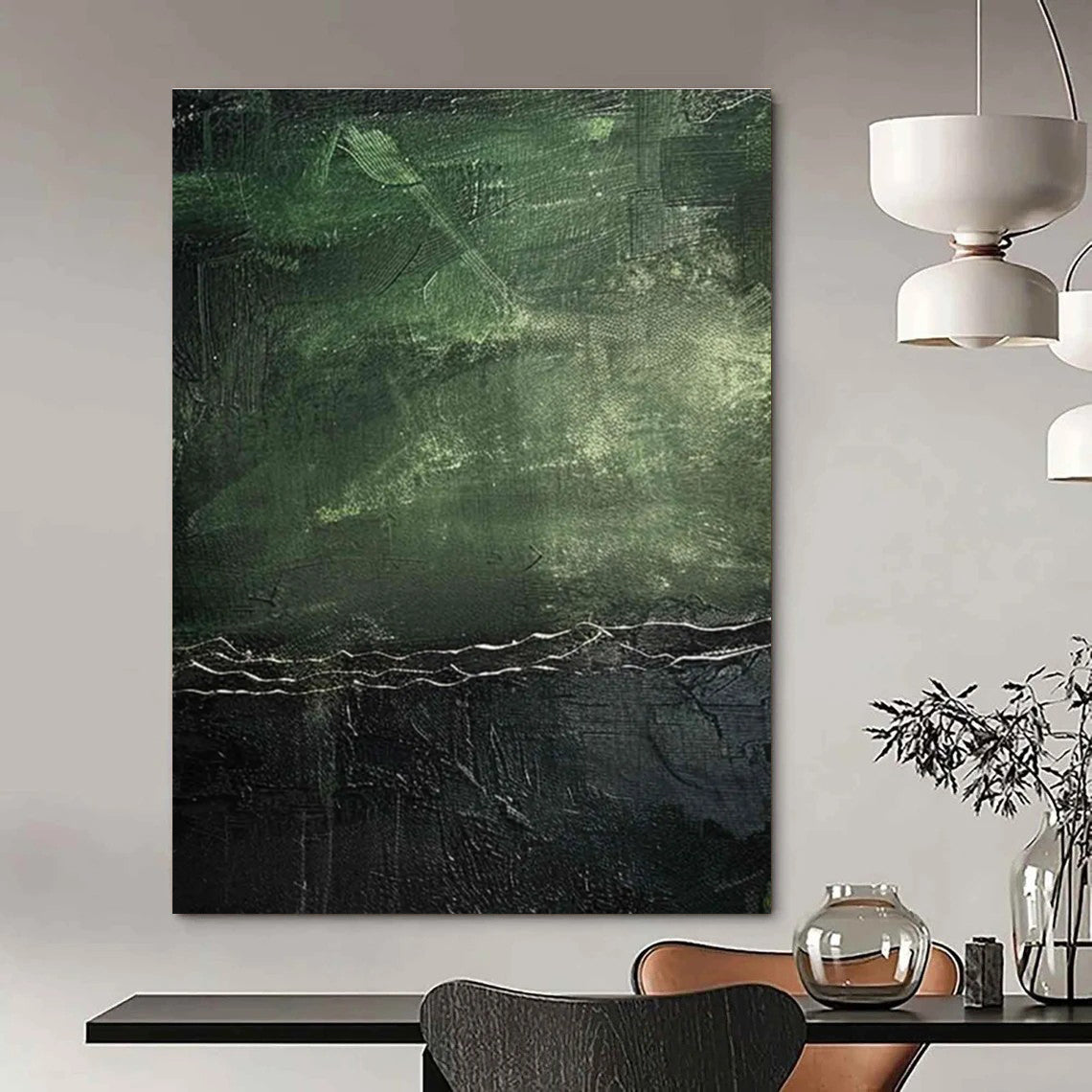 Dark Green Textured Abstract Painting for Sophisticated Lounges HENG493