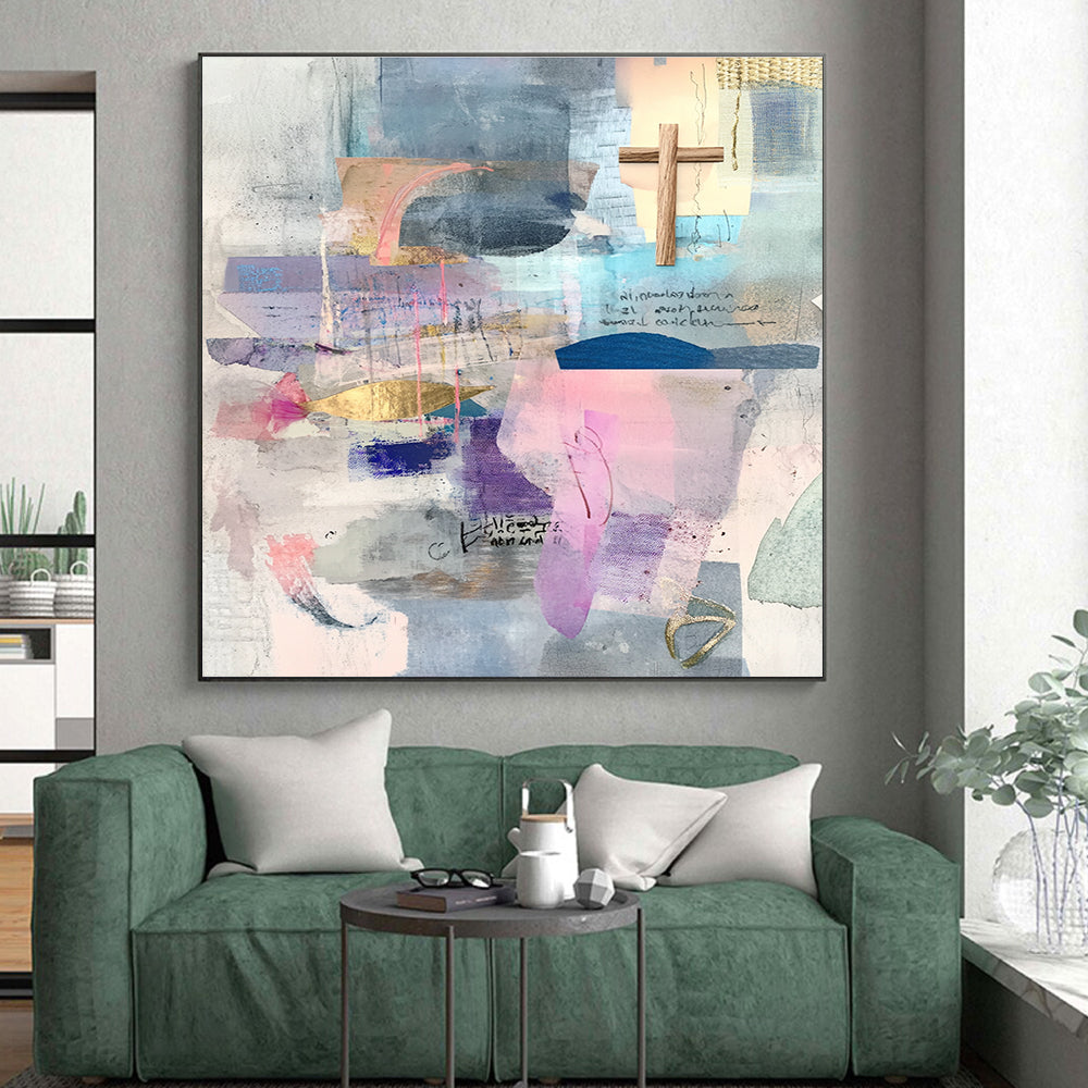 Cross and Color Collage Abstract Painting with Spiritual Whimsy WINK205