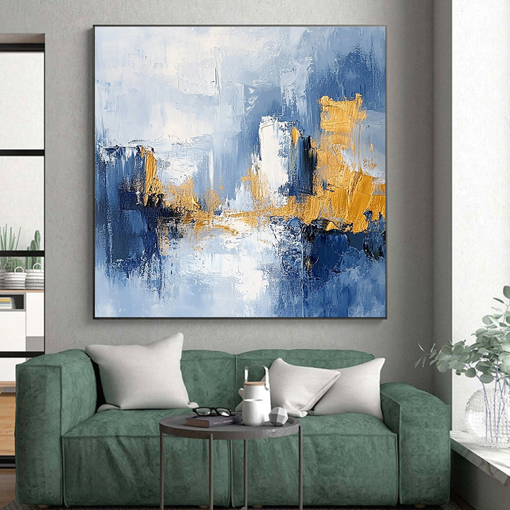 Light Blue - Gold Abstract Cityscape Painting with Dreamy Urbanity WINK378