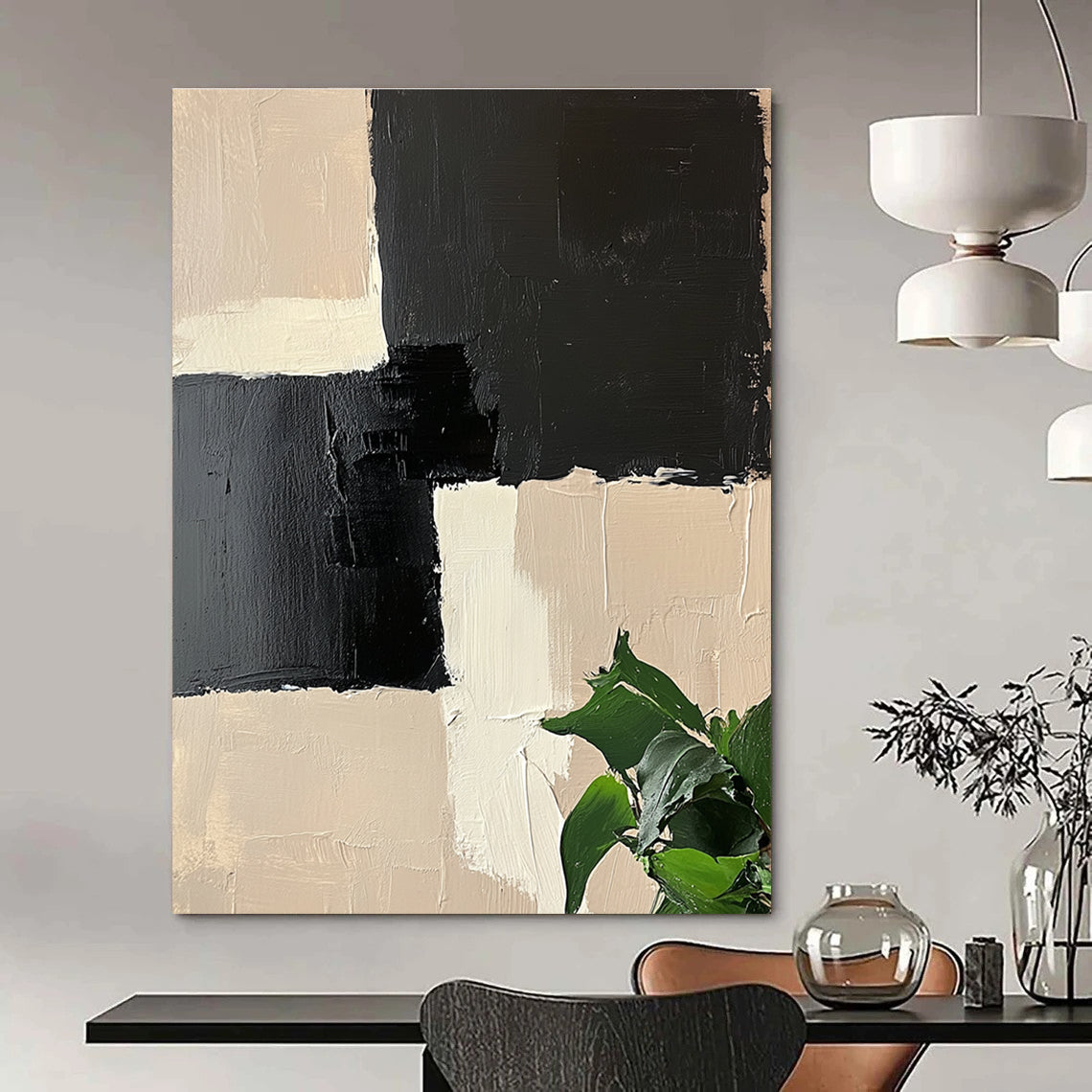 Beige and Black Geometric Abstract Painting with Textured Squares GAB0060