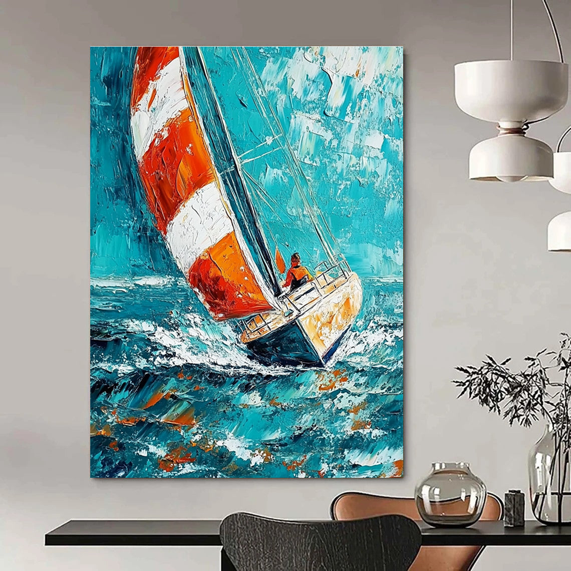 Sailing Boat in Blue Sea Dynamic Abstract Painting for Nautical Enthusiasts GAB1461