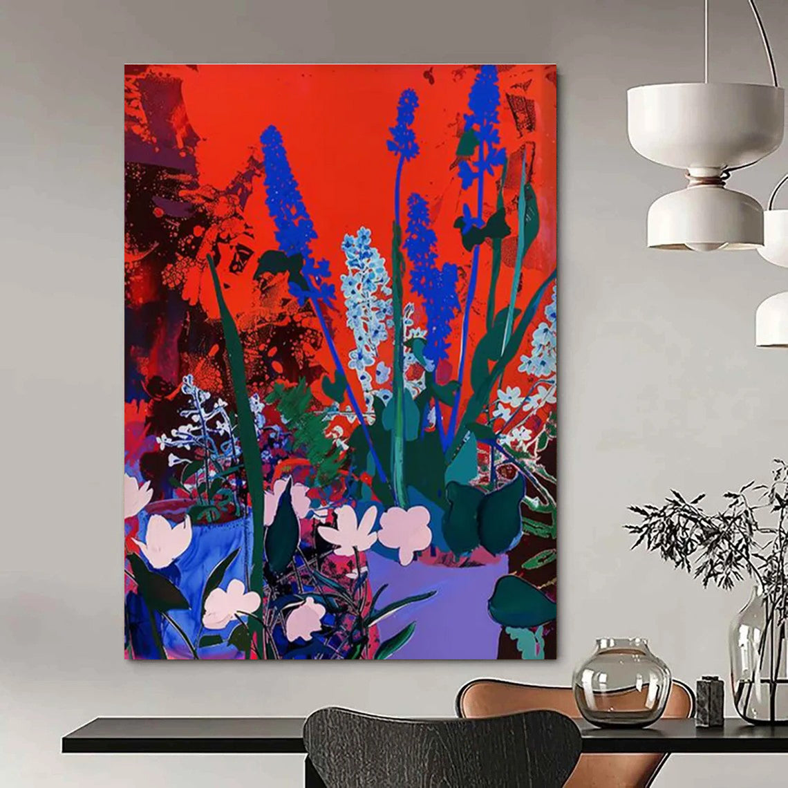 Blue Flowers on Red Abstract Painting for Bold Home Interiors HENG100