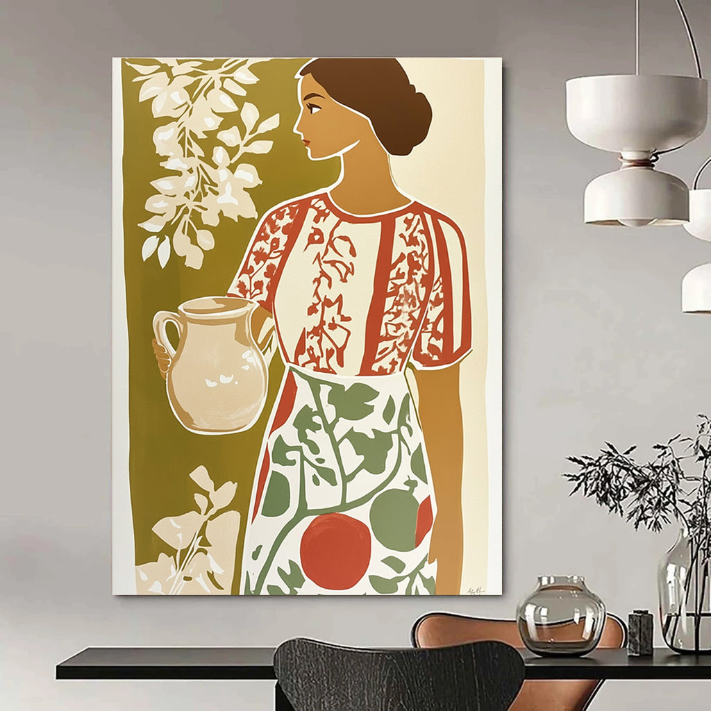 Woman with Jug Folk - Inspired Abstract Painting for Rustic Spaces GAB1460
