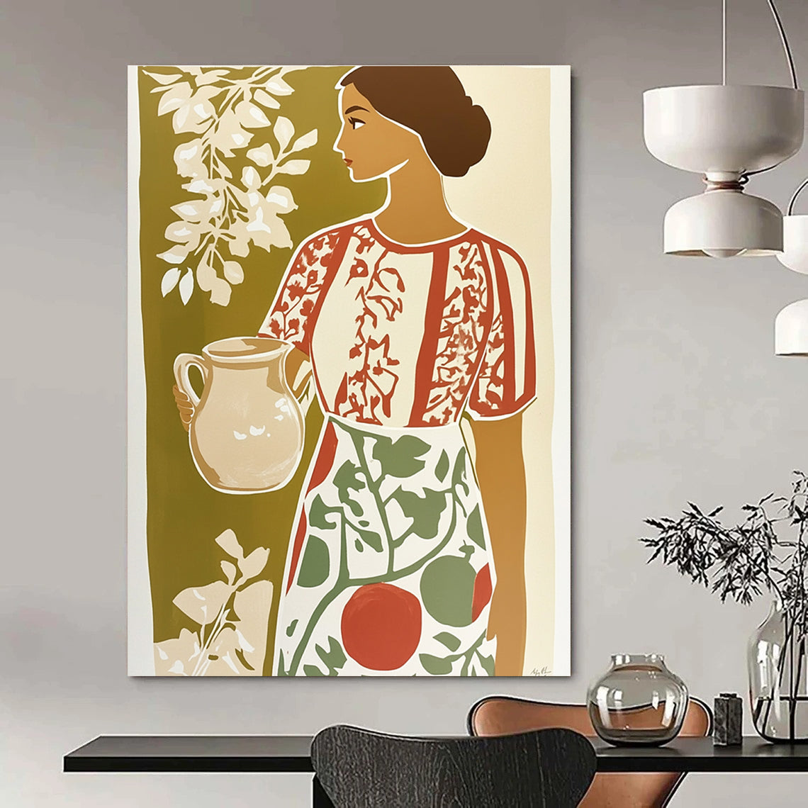 Woman with Jug Folk - Inspired Abstract Painting for Rustic Spaces GAB1460