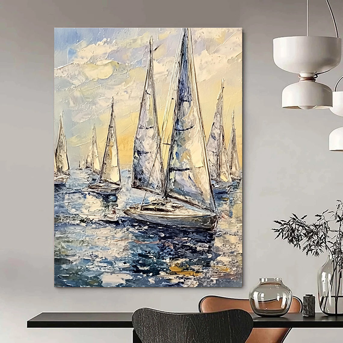 Fleet of Sailboats on Sea Vivid Abstract Painting for Energetic Spaces GAB1464