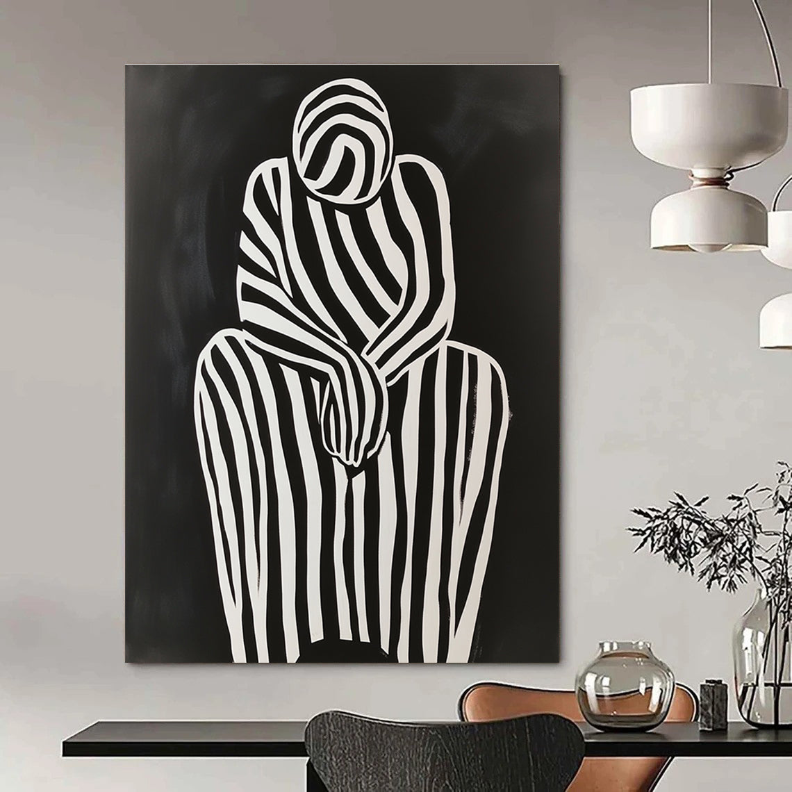 Striped Figure in Contemplation Minimalist Narrative Abstract Painting GAB0264