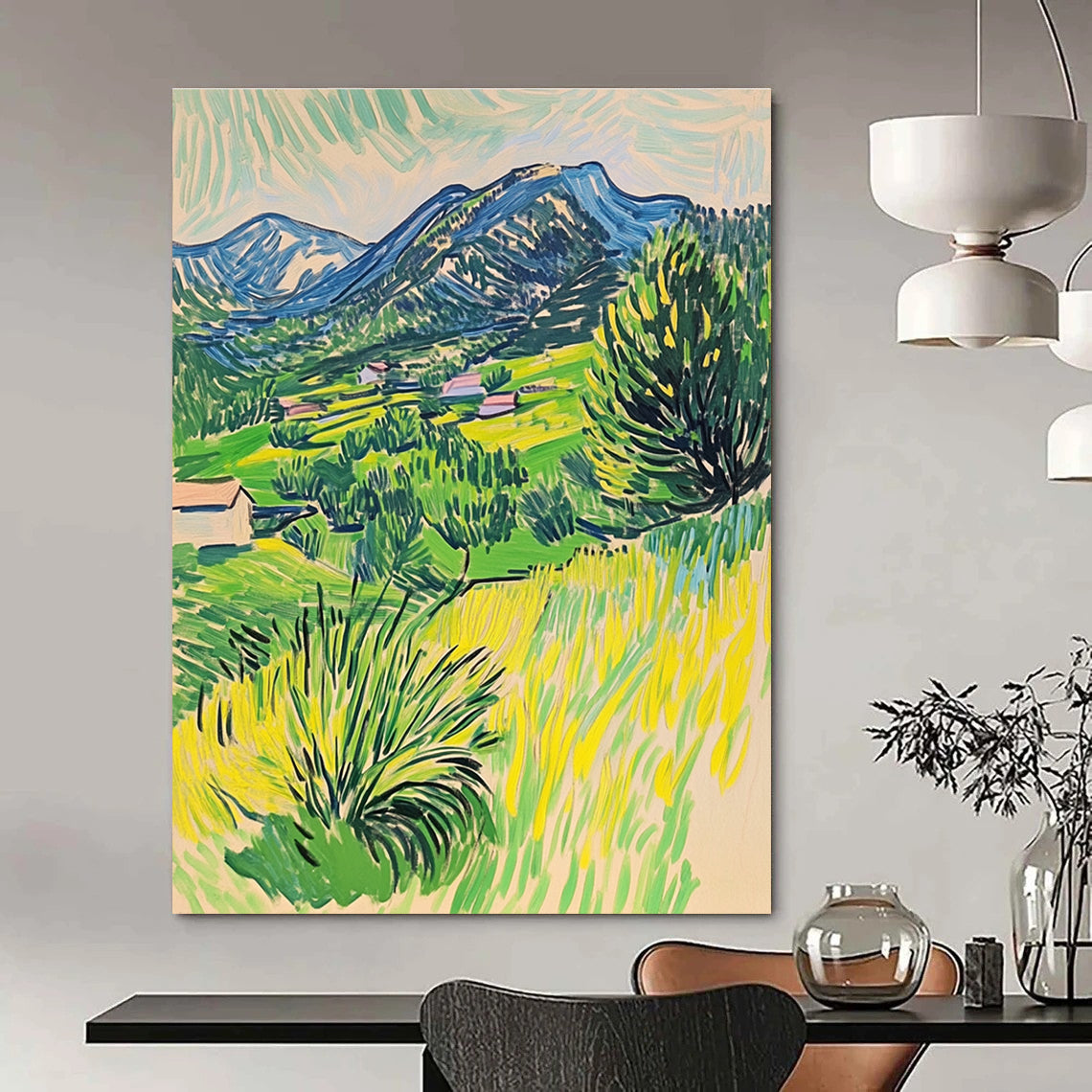Vibrant Mountain Village Painting of Lively Rural Scenery GAB0152