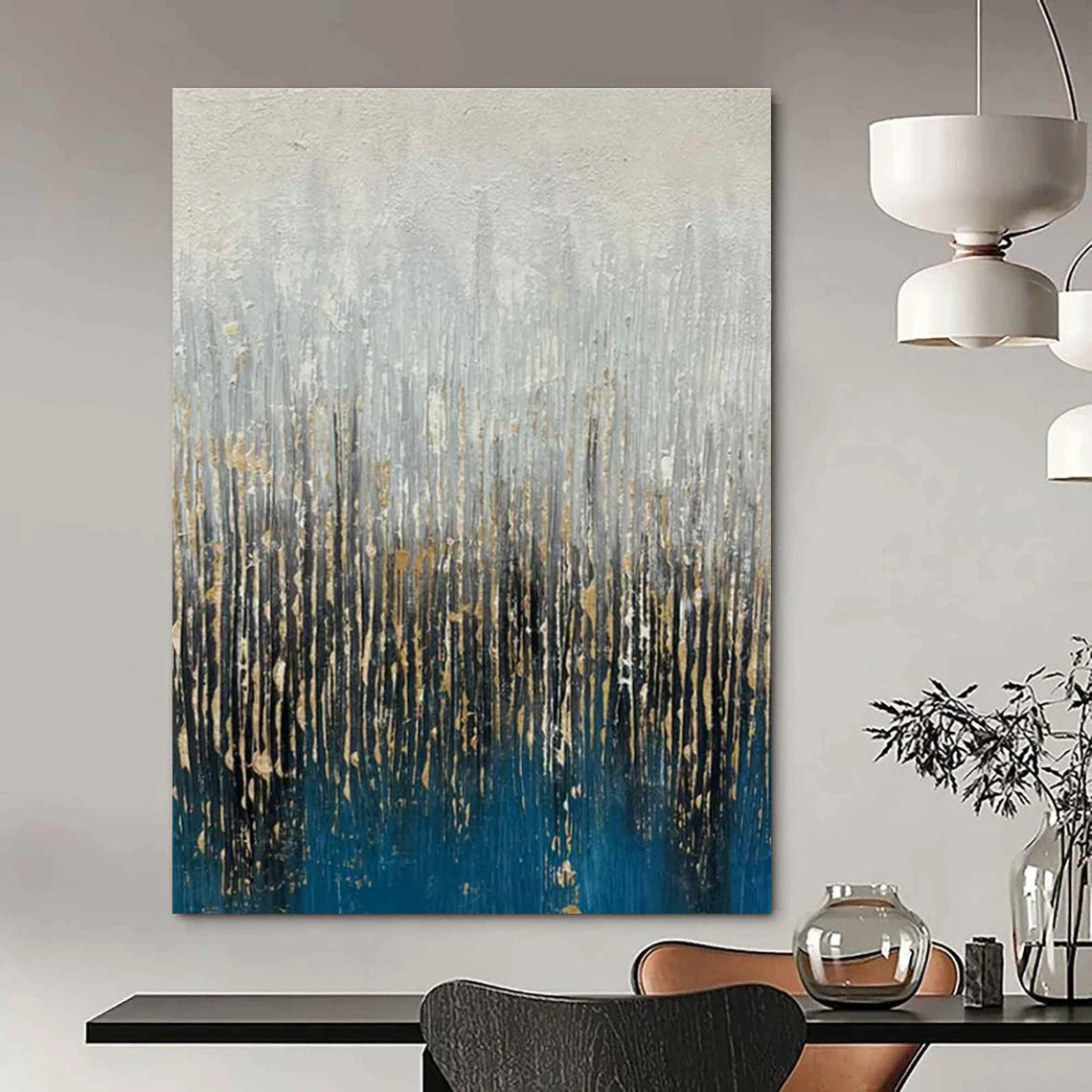Gray - Blue - Gold Abstract Painting for Luxury Living Rooms HENG406