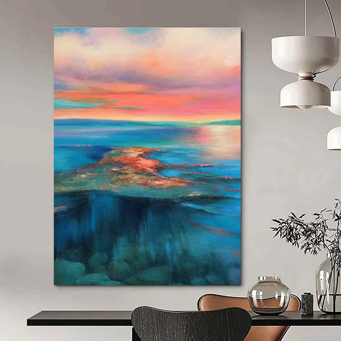 Serene Sunset Seascape Abstract Painting for Coastal Home Living Rooms HENG051