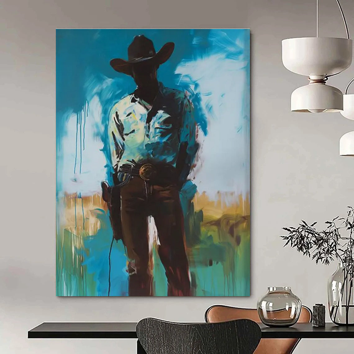 Silhouetted Cowboy Abstract Painting for Western - Themed Bars HENG102