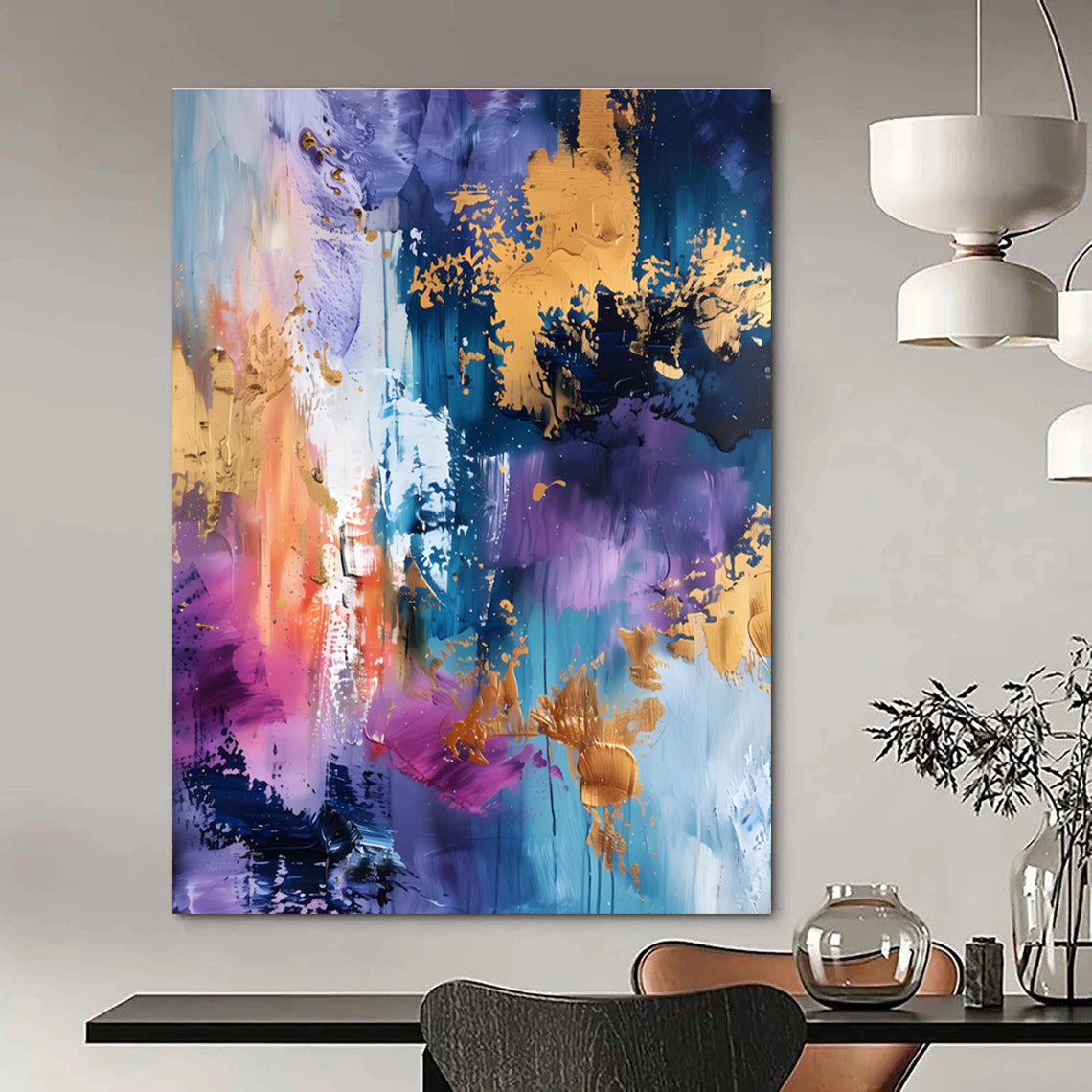 Luxurious Purple - Toned Abstract with Gold Painting for Elegant Spaces HENG282
