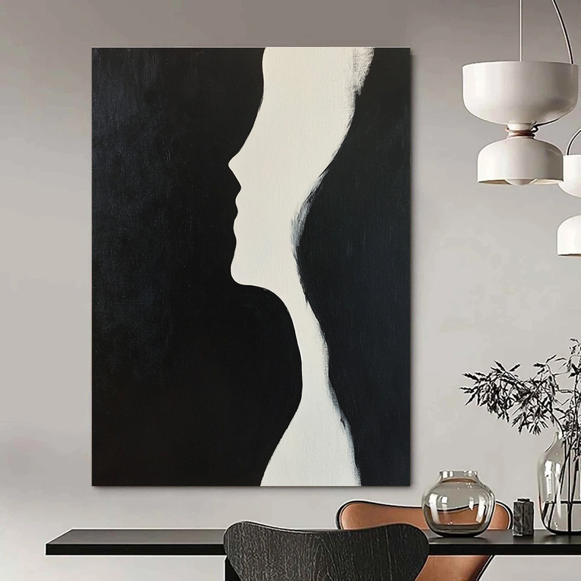 Profile Silhouette Minimalist Abstract Painting in Black and White GAB0026