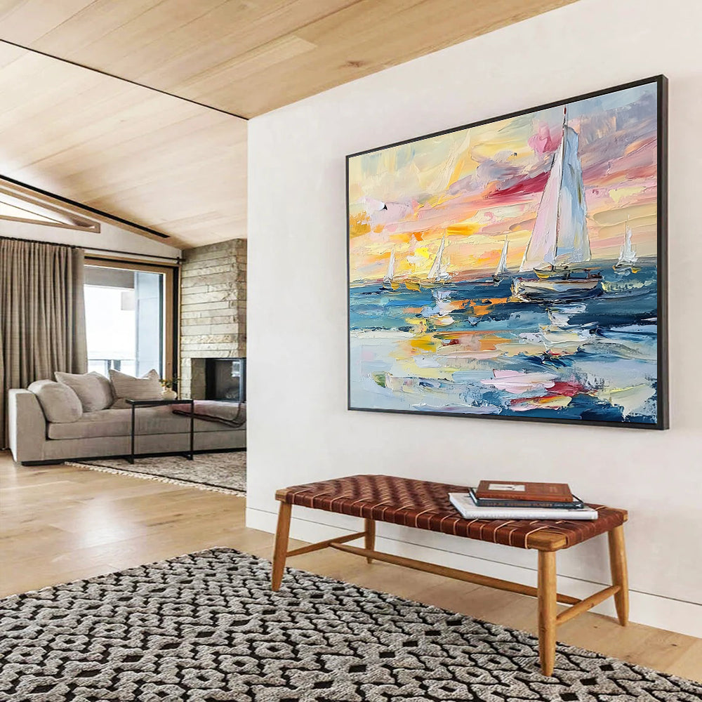Sailboats at Colorful Sunset Abstract Painting with Vibrant Dusk Hues ABS603