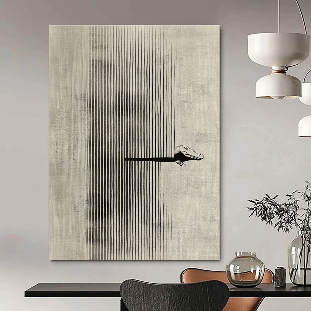 Alligator in Stripes Whimsical Minimalist Abstract Painting GAB0341