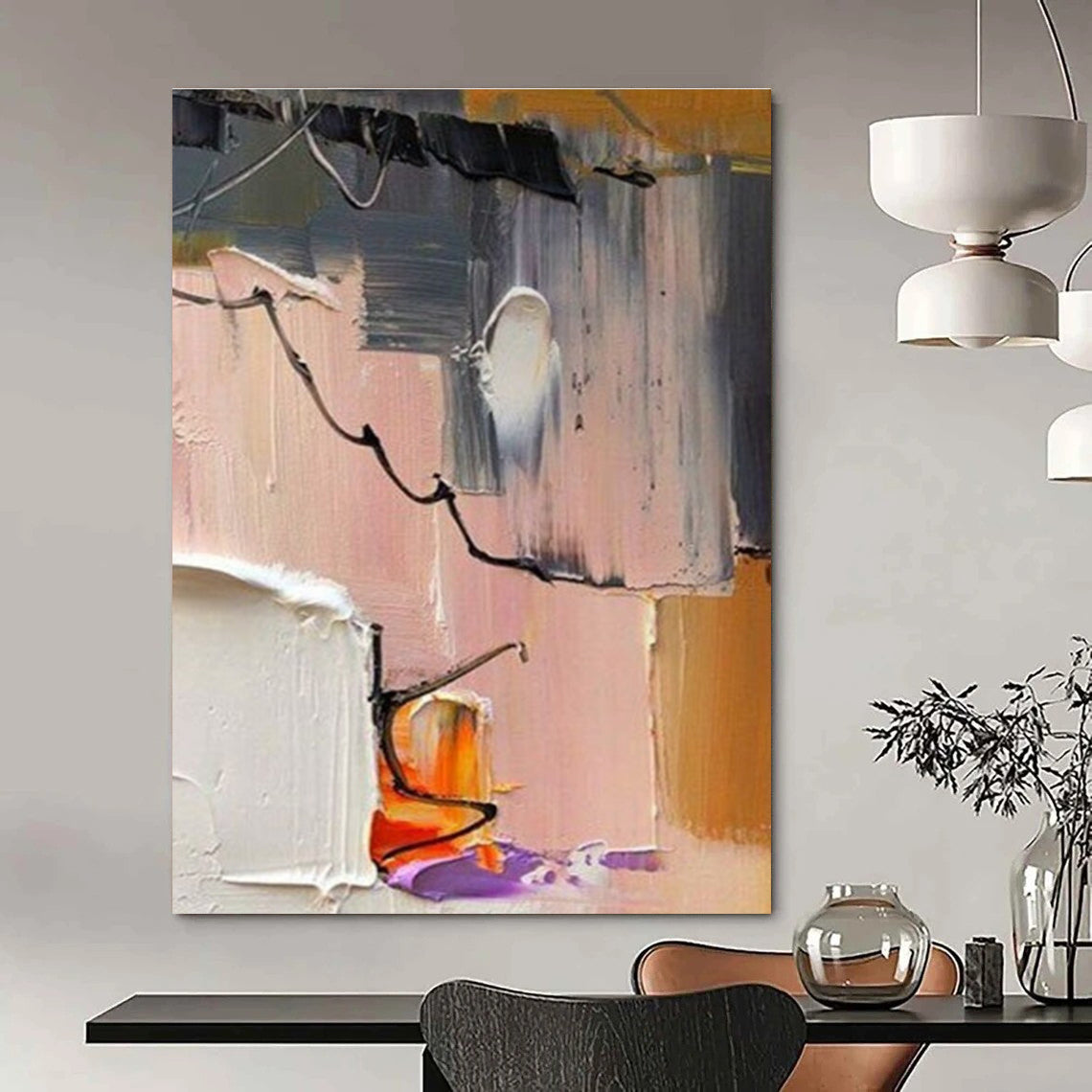 Impasto Abstract Color Blocks & Lines Painting for Modern Spaces HENG270