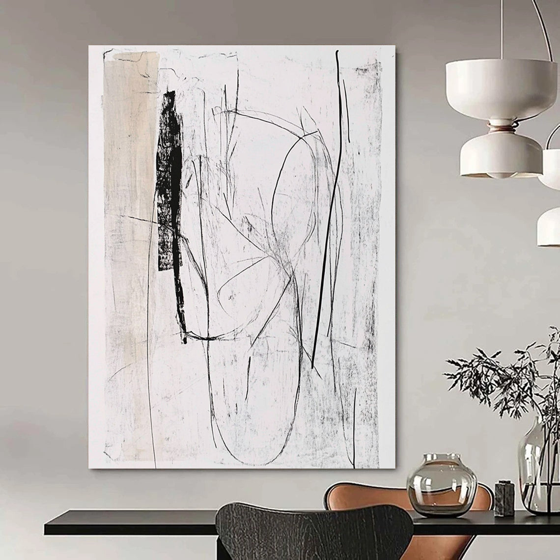 Black and White Sketch Abstract Painting of Minimalist Lines GAB0117