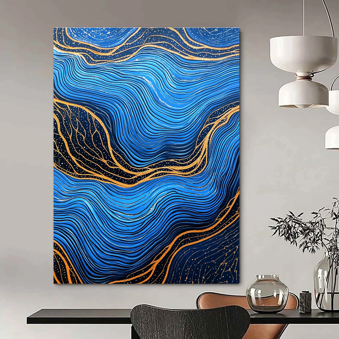 Blue and Gold Wave Patterns Abstract Painting of Oceanic Rhythms GAB0082