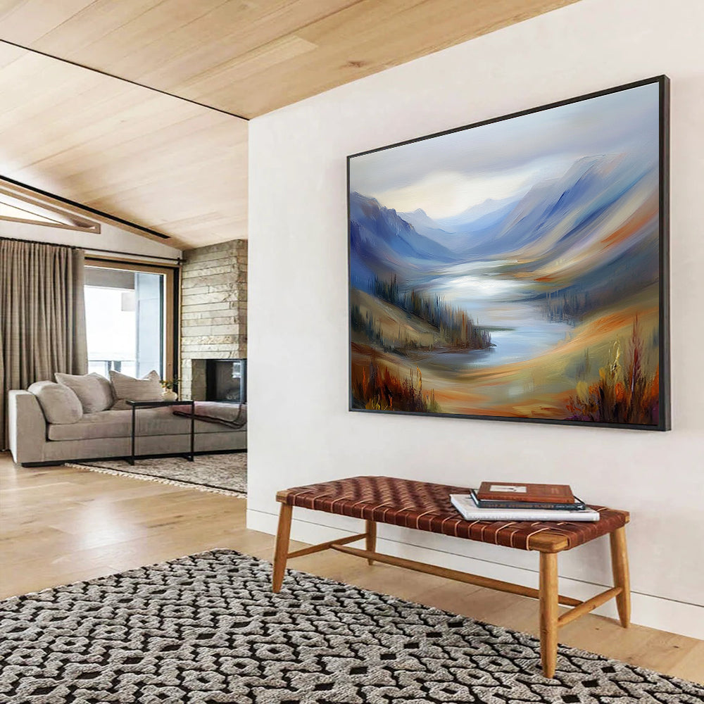 Misty Mountain Valley Lake Painting with Soothing Tranquil Hues ABS560