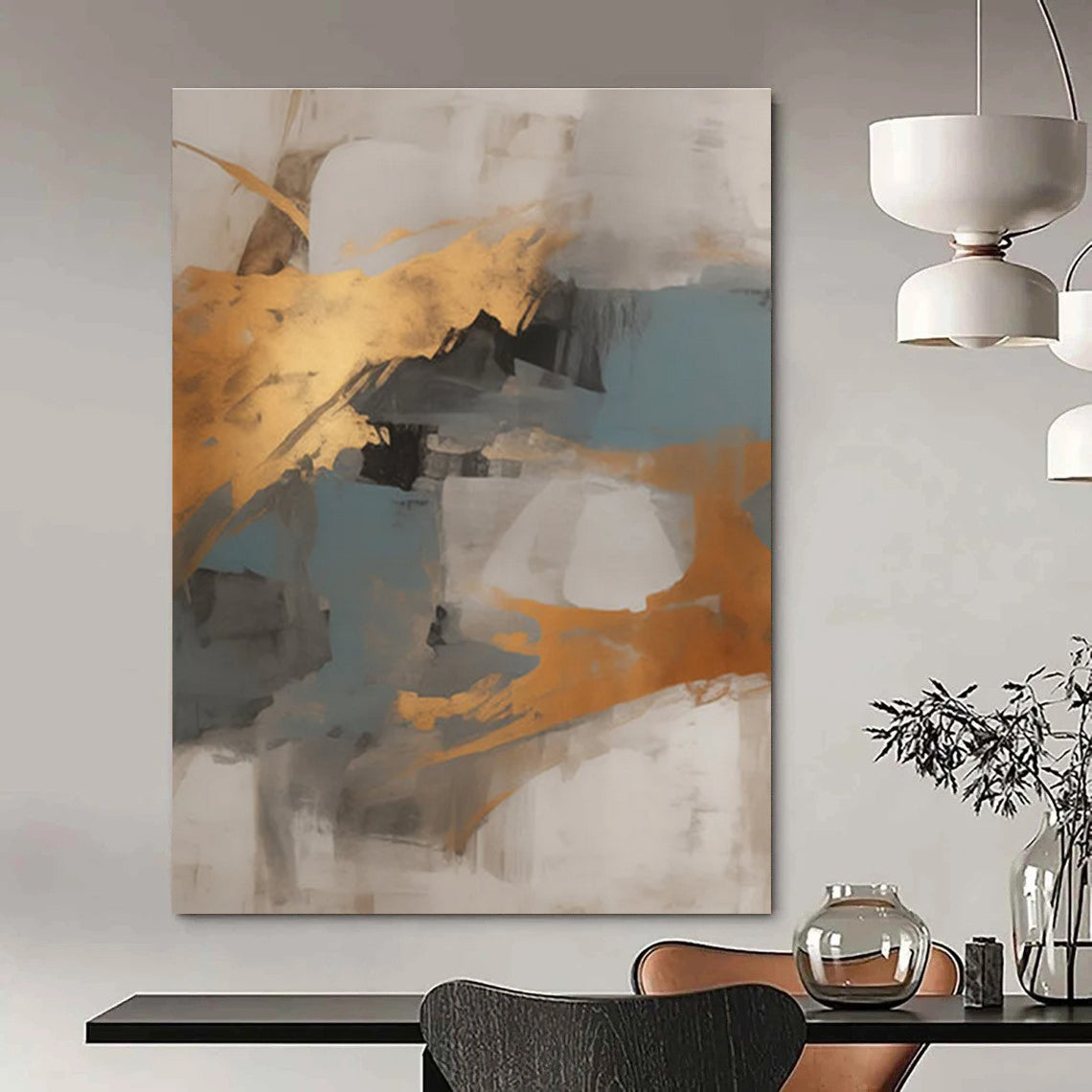 Gray - Gold - Blue Abstract Painting for Sophisticated Office Lounges HENG136