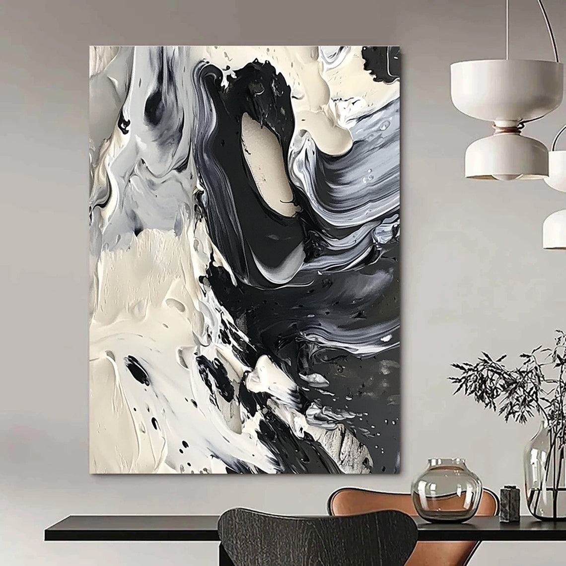 Black and White Swirl Abstract Painting for Minimalist Home Studies GAB1314