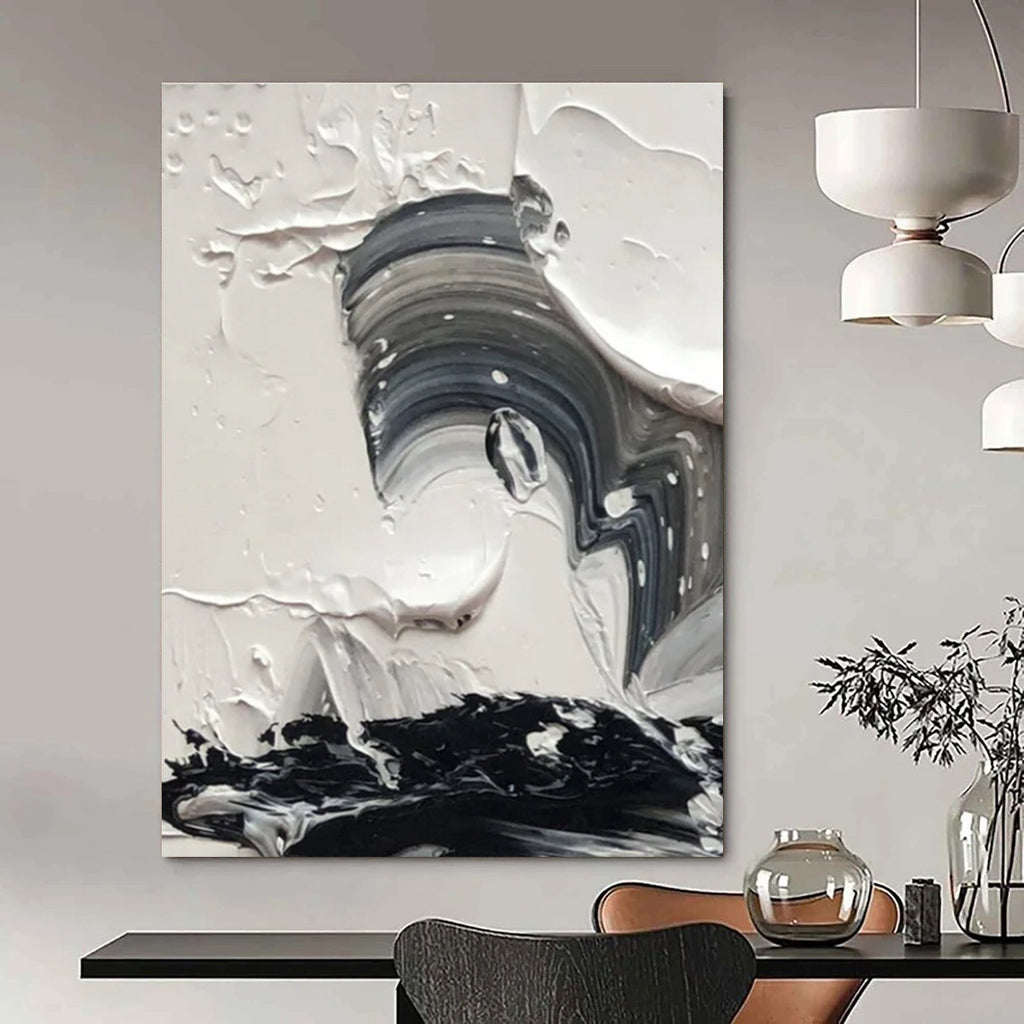 Black and White Swirl Abstract Painting for Dynamic Entryways HENG444