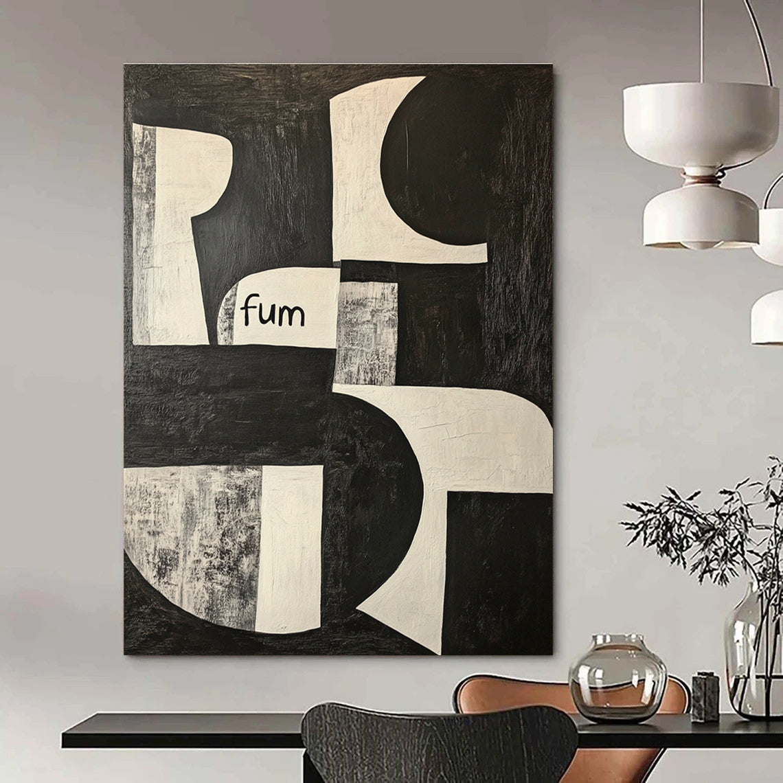 Black and White Shapes with “fum” Conceptual Graphic Abstract Painting GAB0275