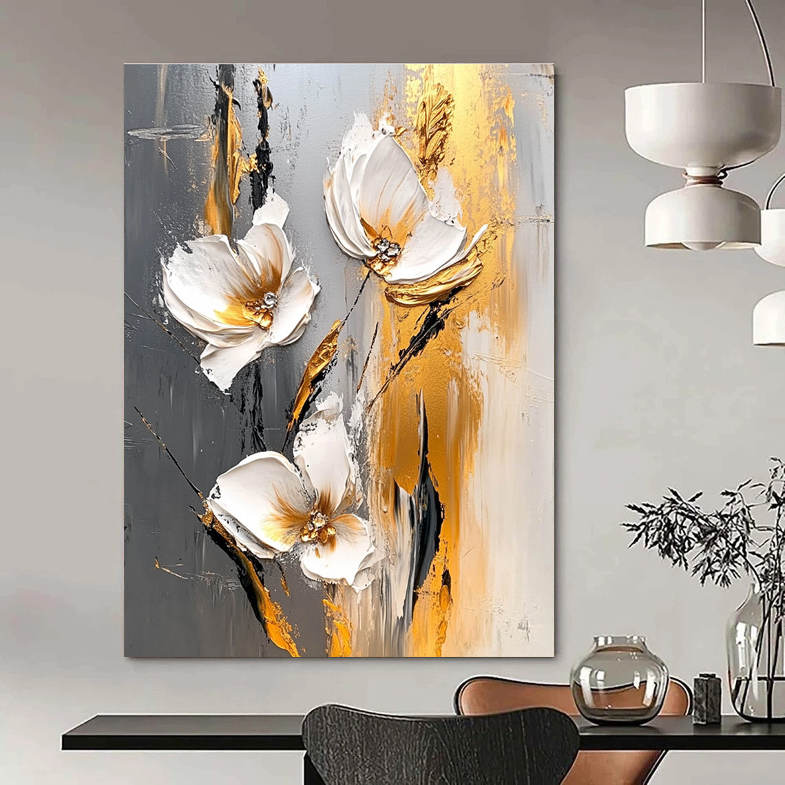 3D Gold Accent Flowers Abstract Painting for Glamorous Dining GAB0765