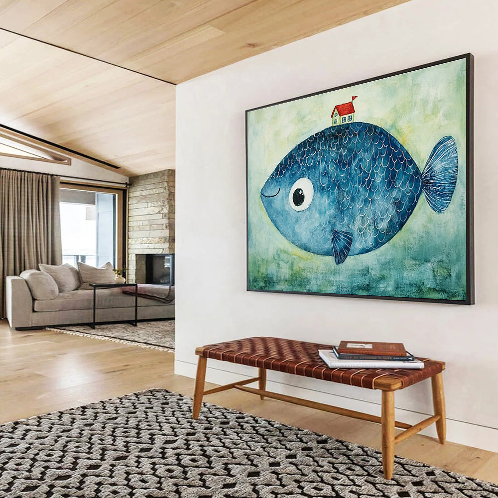 Blue Fish with a House  Whimsical Fantasy ABS069