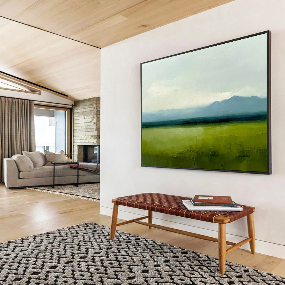 Subtle Green Landscape Painting with Calm Distant Mountains ABS567