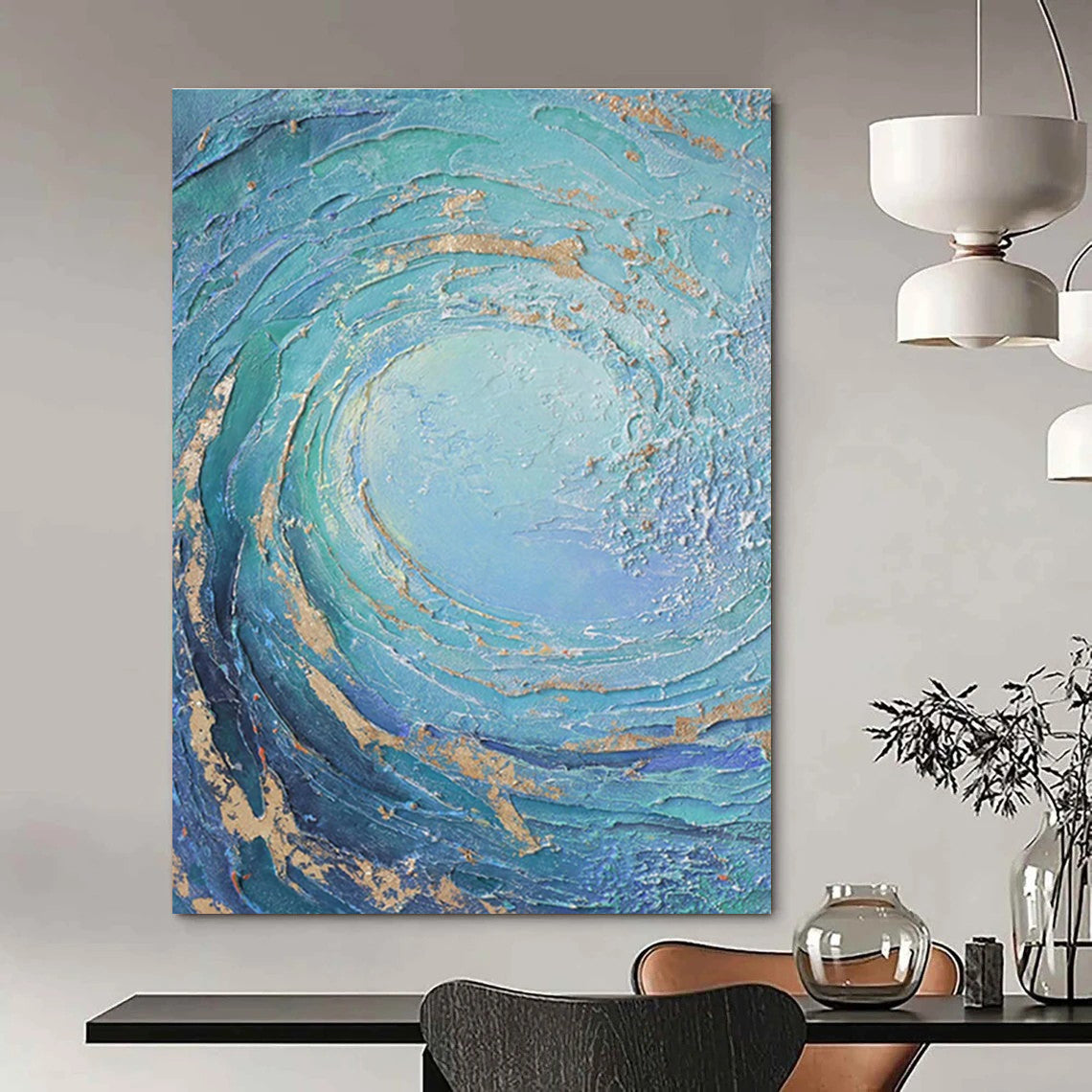 Textured Blue and Gold Vortex Abstract Painting for Luxurious Interiors HENG332