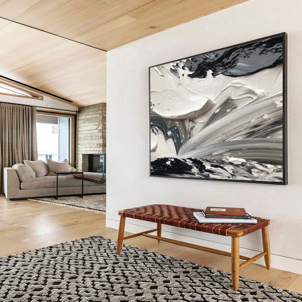 Black and White Abstract Textures Painting for Modern Monochrome Spaces YHT314