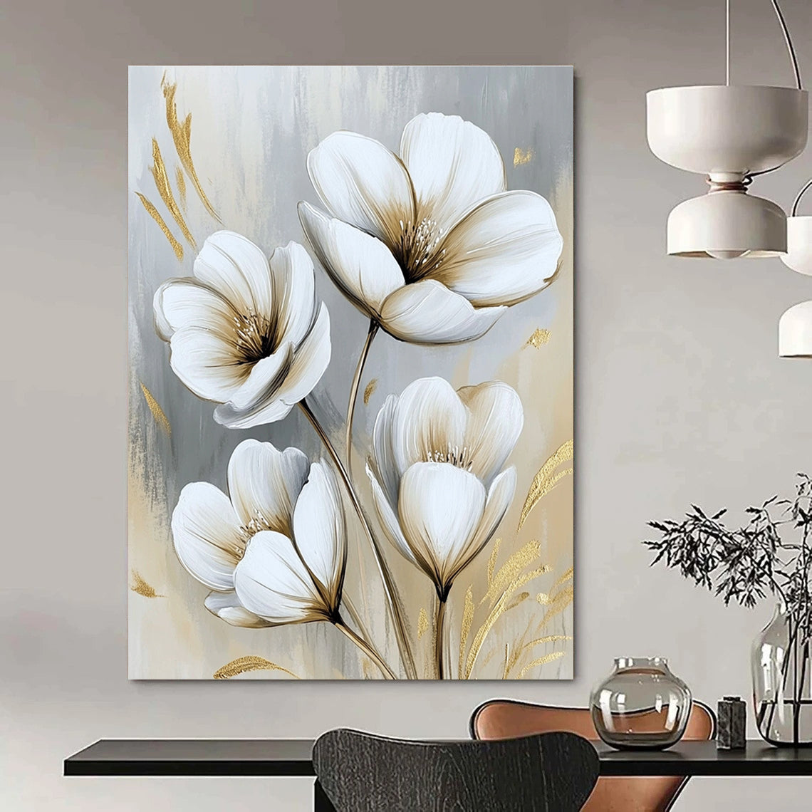 White Flowers with Gold Luxe Abstract Painting for Glamorous Interiors GAB1524