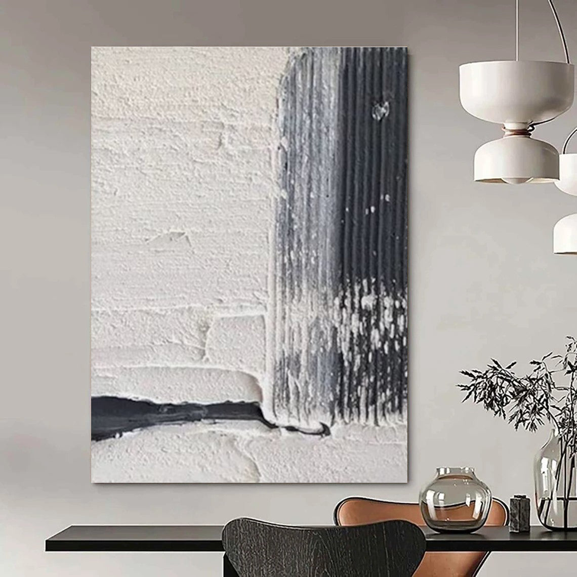 Textured White - Black Abstract Painting for Minimalist Art Installations HENG147
