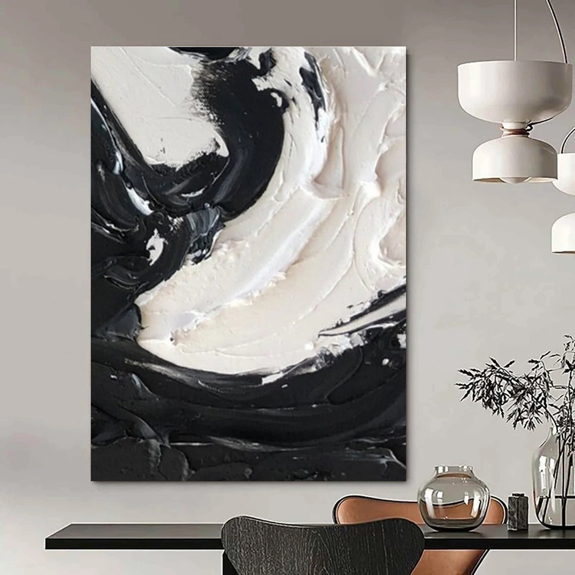 Black - White Swirl Textured Abstract Painting for Contemporary Bedrooms HENG385