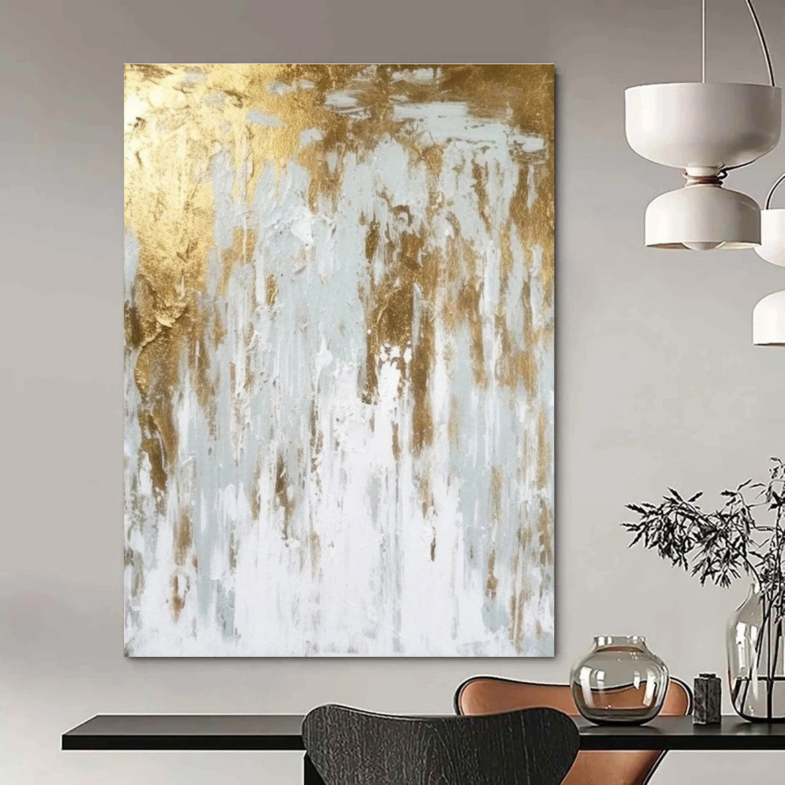 Gold - White Abstract Drip Painting for Modern Minimalist Offices HENG074