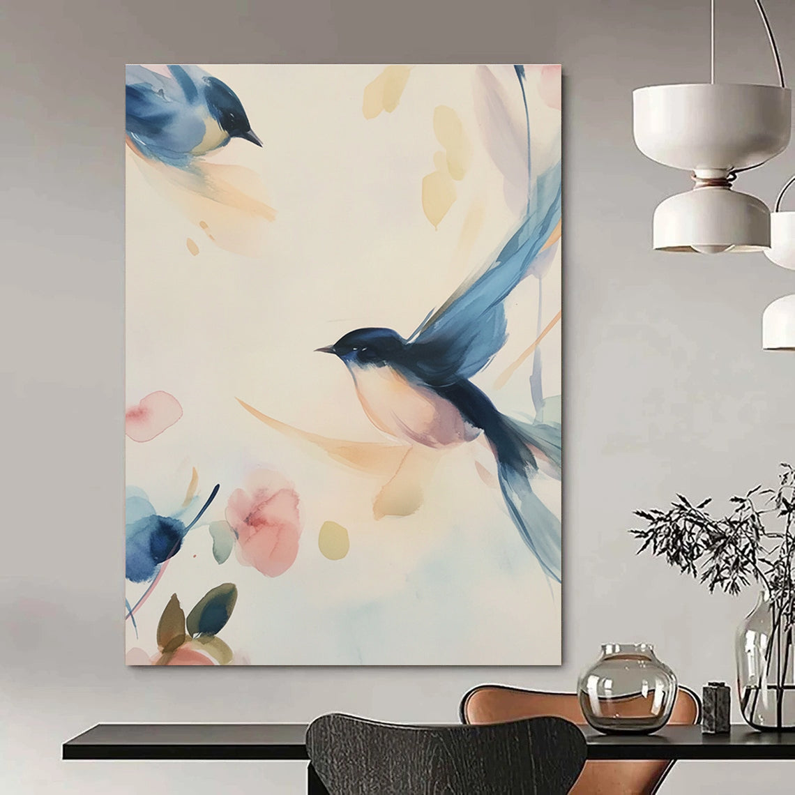 Watercolor Birds and Flowers Abstract Painting for Serene Bedrooms GAB0970