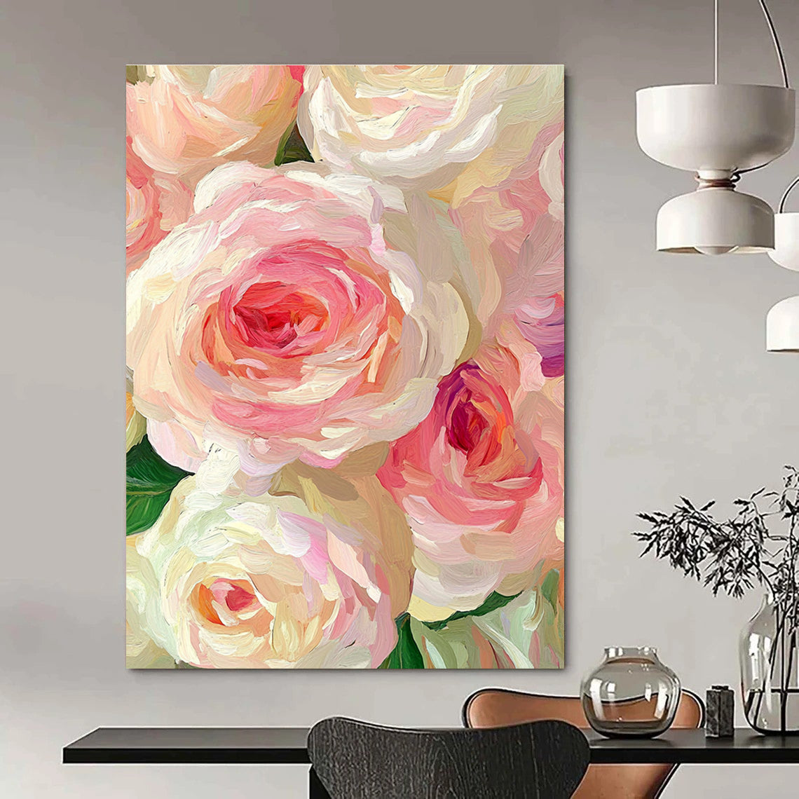 Pink and White Rose Blooms Abstract Painting with Lush Textures GAB0068