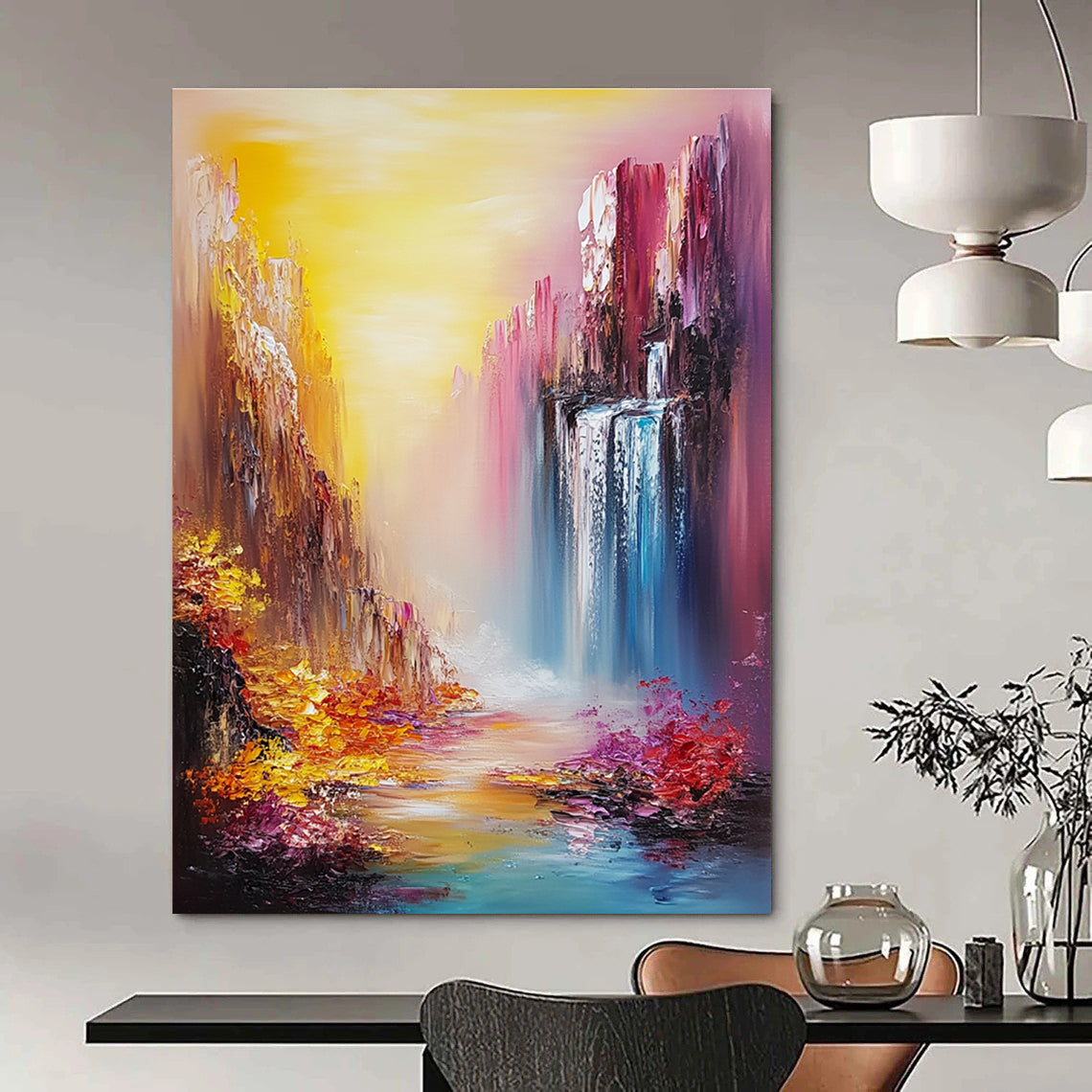 Colorful Canyon Waterfall Impressionistic Abstract Painting for Dreamy Spaces GAB1420