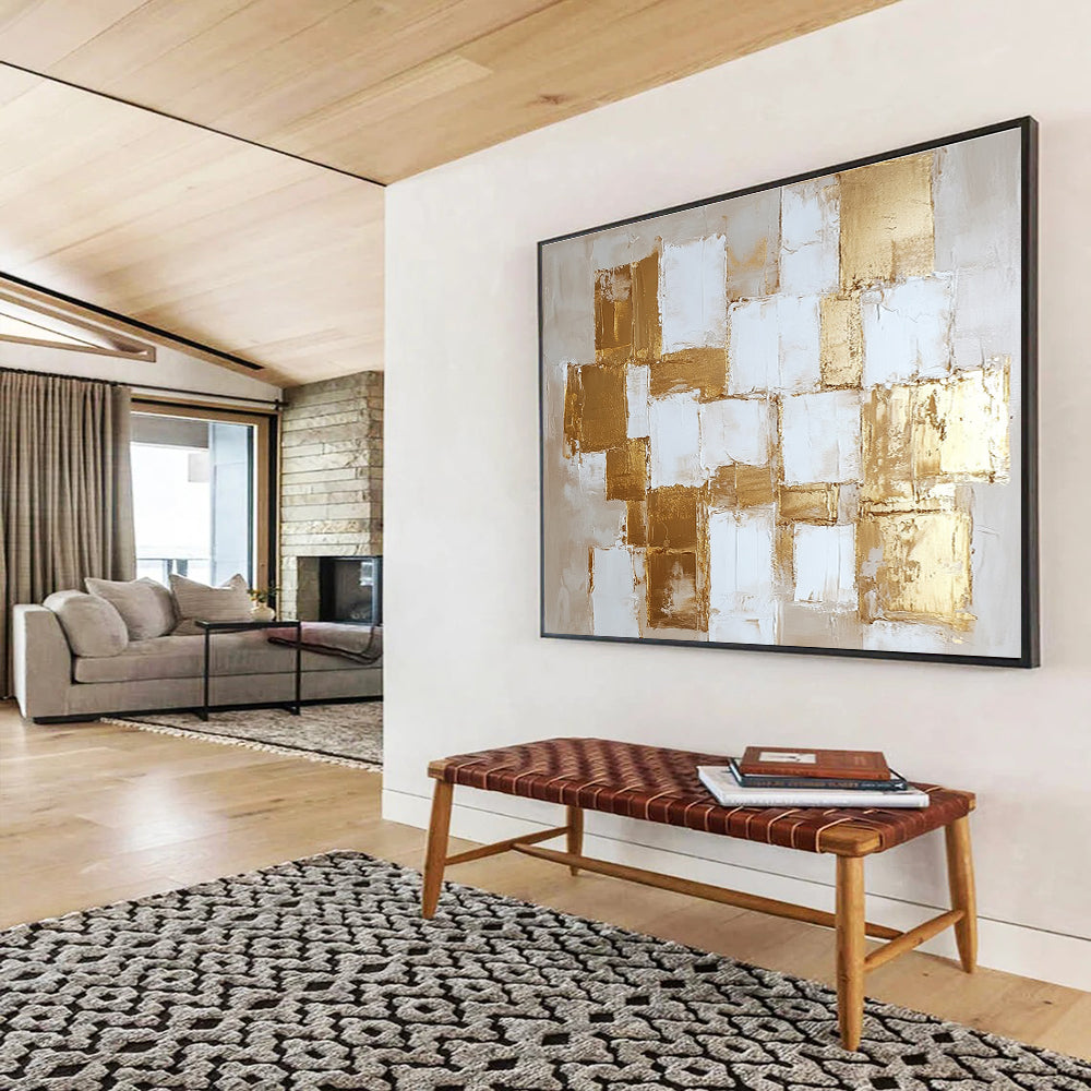 Gold and White Square Abstract Painting with Textured Elegance ABS451