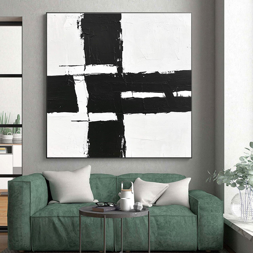 Geometric Black and White Abstract Painting with Structured Clarity WINK348