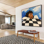 Dreaming Figure on Checkered Pillow Abstract Painting with Calm Intimate Vibe ABS561