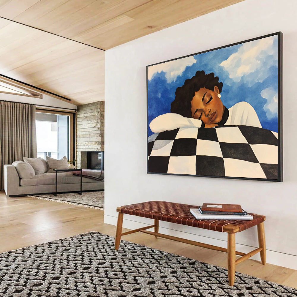 Dreaming Figure on Checkered Pillow Abstract Painting with Calm Intimate Vibe ABS561